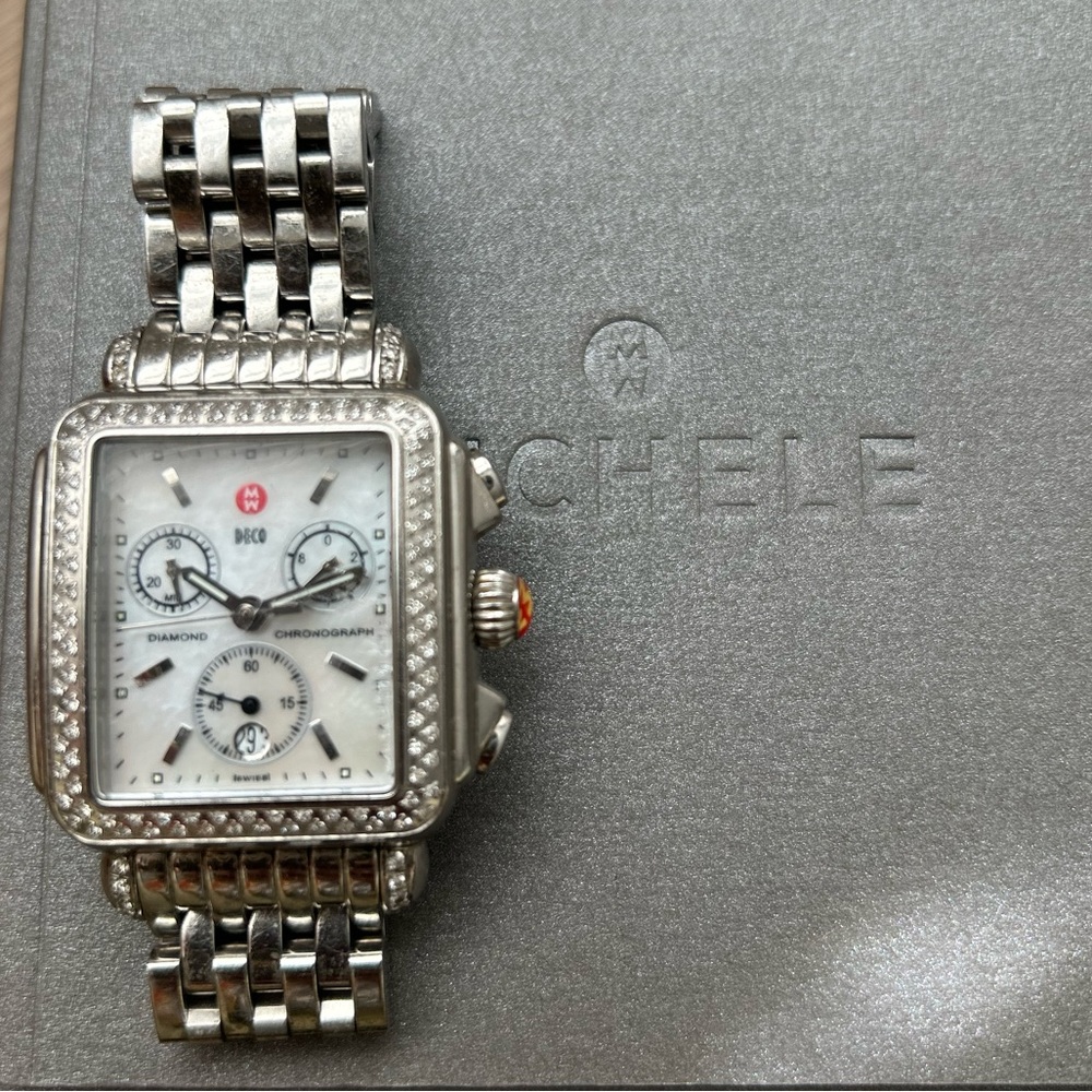 MICHELE Women’s Deco Stainless Diamond Watch (CUSTOM DIAMOND BEZZLE)